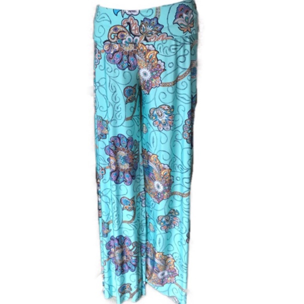 Fold Over Aqua Floral Print Barbie Palazzo Pants